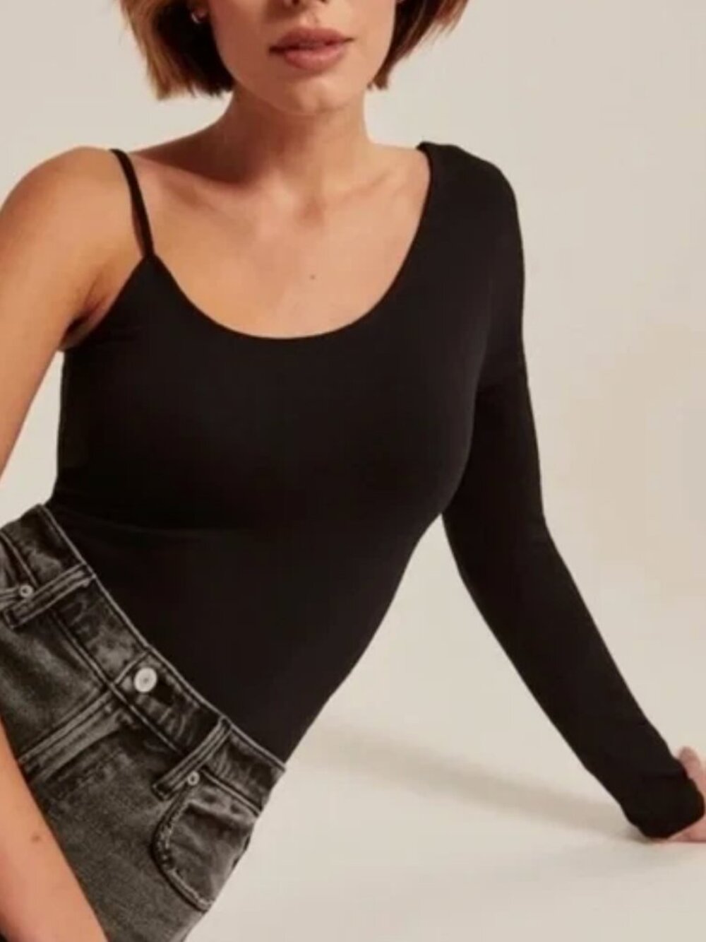 Abercrombie Bodysuit Asymmetrical Black Tank Cami Long Sleeve Soft AF Collection